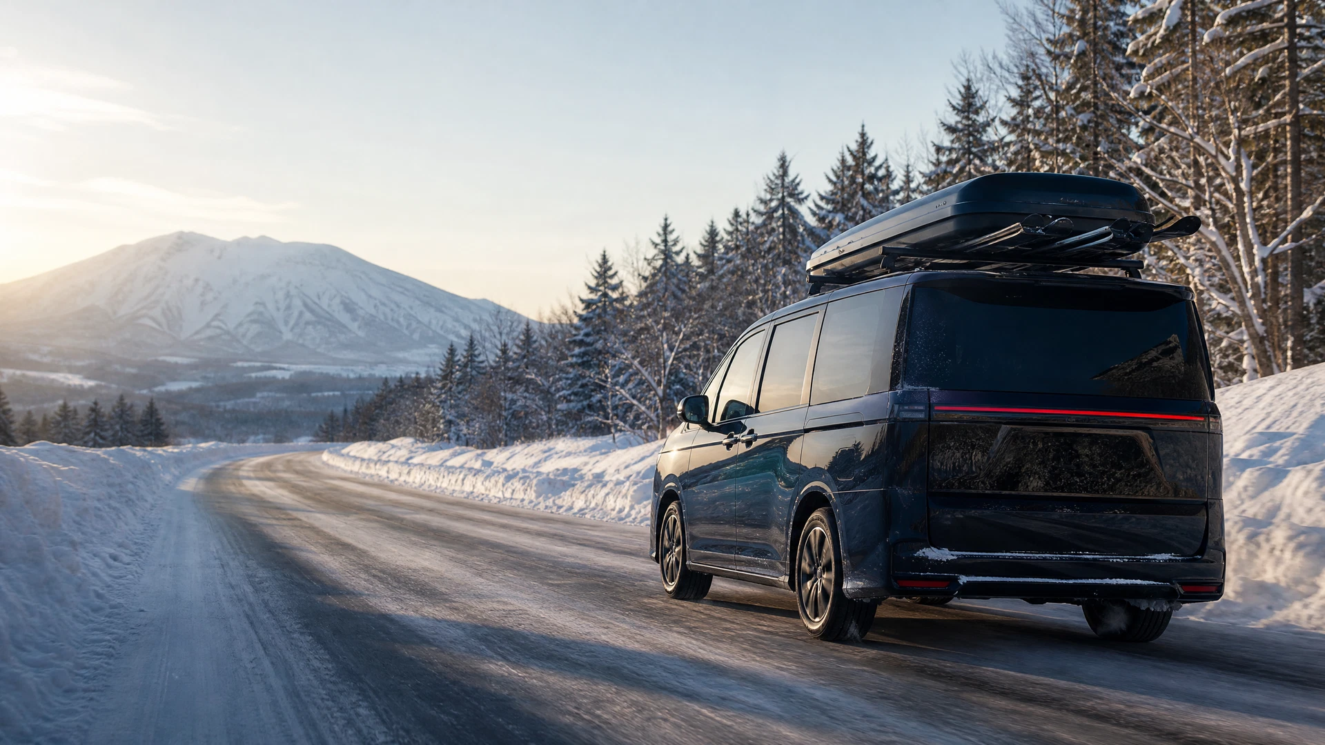 Private passenger van travelling on a snowy Hokkaido mountain road toward Niseko